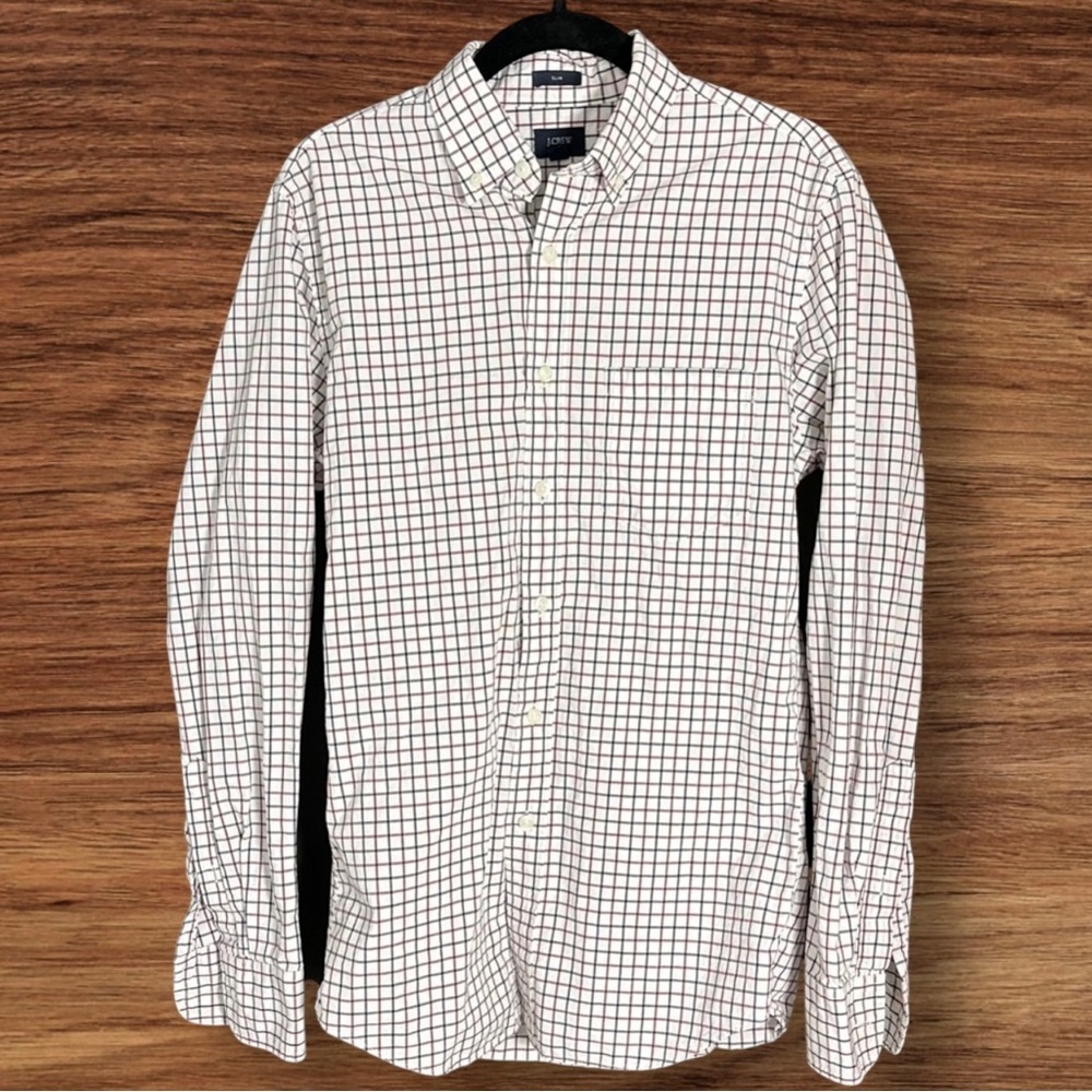 Vtg J. Crew Dress Shirt 100% Cotton White Check Slim Fit Button Down ~ Sz S